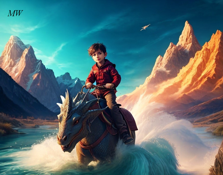 Child in red jacket rides dragon over turbulent river