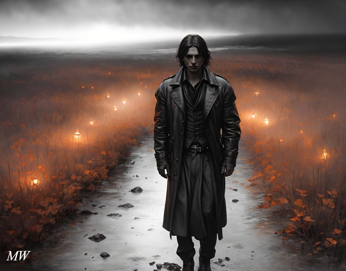 Lone Figure on Dimly Lit Path in Ethereal Landscape