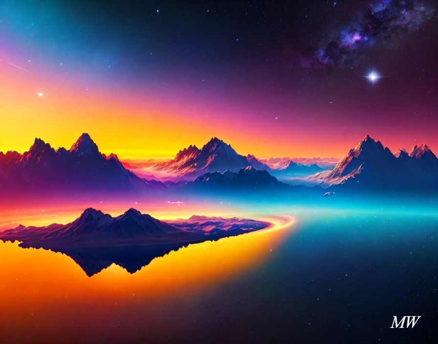 Colorful Mountain Range Artwork with Luminous Sky and Water Reflections