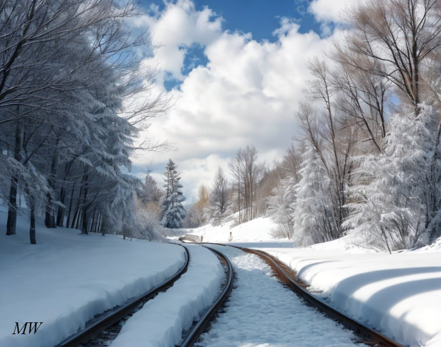 Snowy Landscape with Curving Railroad Tracks and Trees