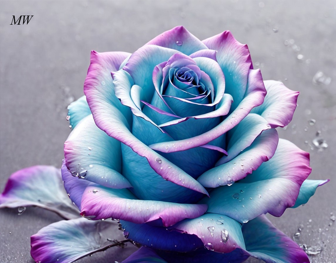 Vibrant Blue and Purple Rose with Water Droplets