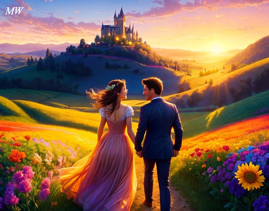 Couple at Sunset Overlooking a Majestic Castle