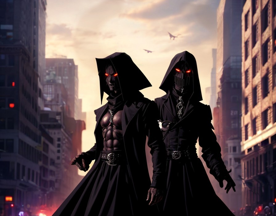 Figures in Cloaks with Red Eyes in Dystopian Cityscape