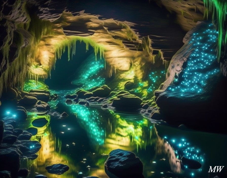Bioluminescent Subterranean Landscape with Cave Reflections