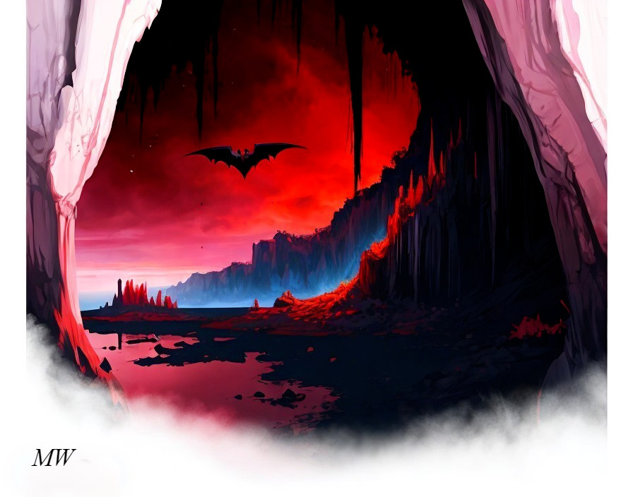 Vibrant digital artwork: Bat silhouette in fiery cavernscape