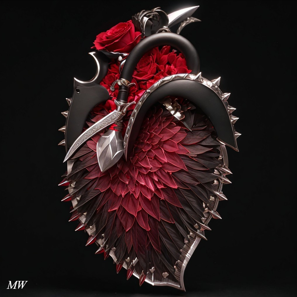 Stylized Heart with Metallic Edges and Dagger Design