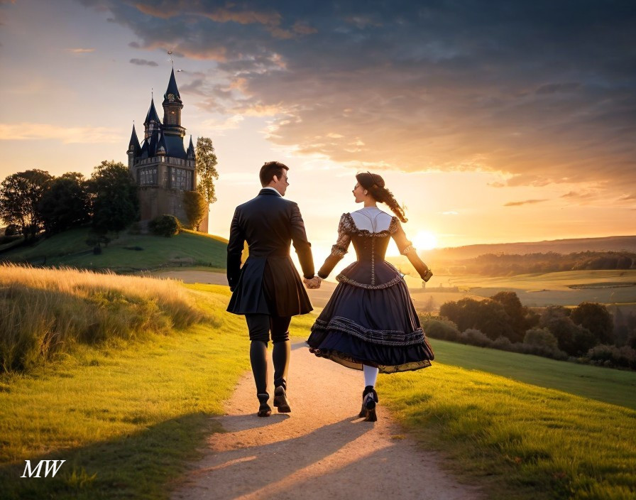 Couple in vintage attire walking to castle at sunset