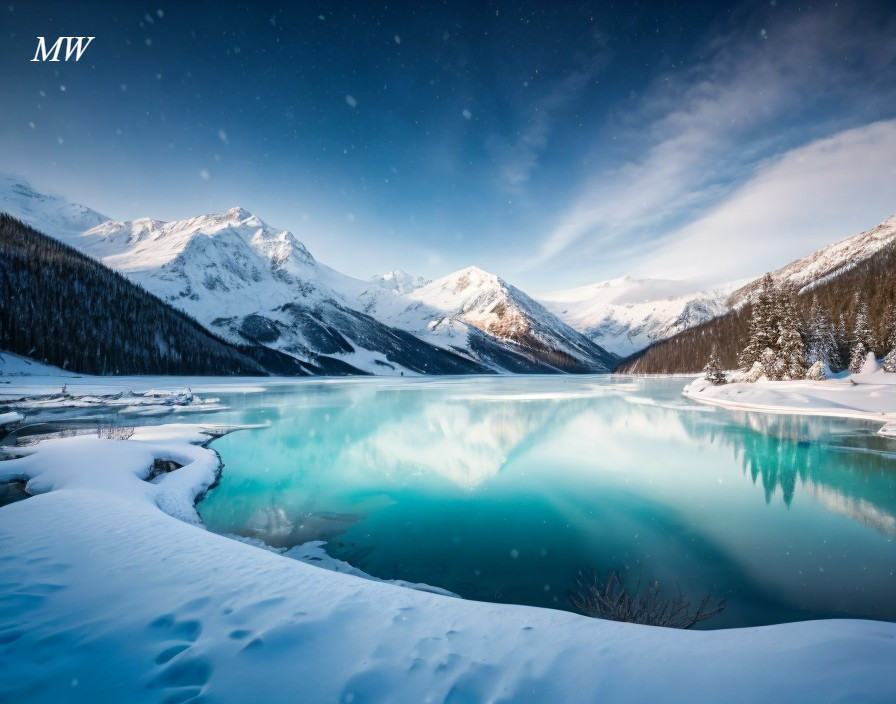 Turquoise Lake and Snowy Mountains in Starry Winter Night