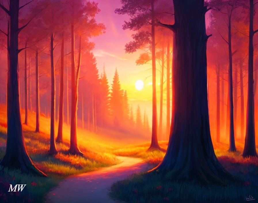 Vibrant digital painting: Forest sunset trail in warm hues
