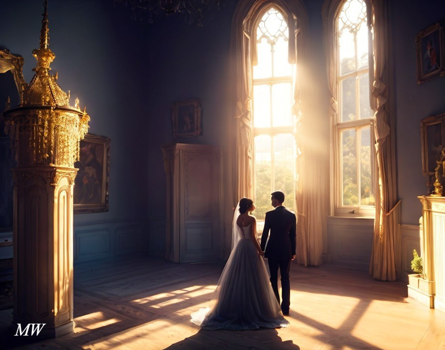 Couple holding hands in elegant room with dramatic shadows