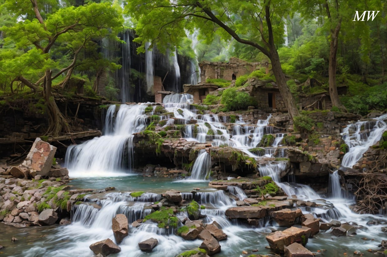 Tranquil forest scene with multi-tiered waterfall and rustic building