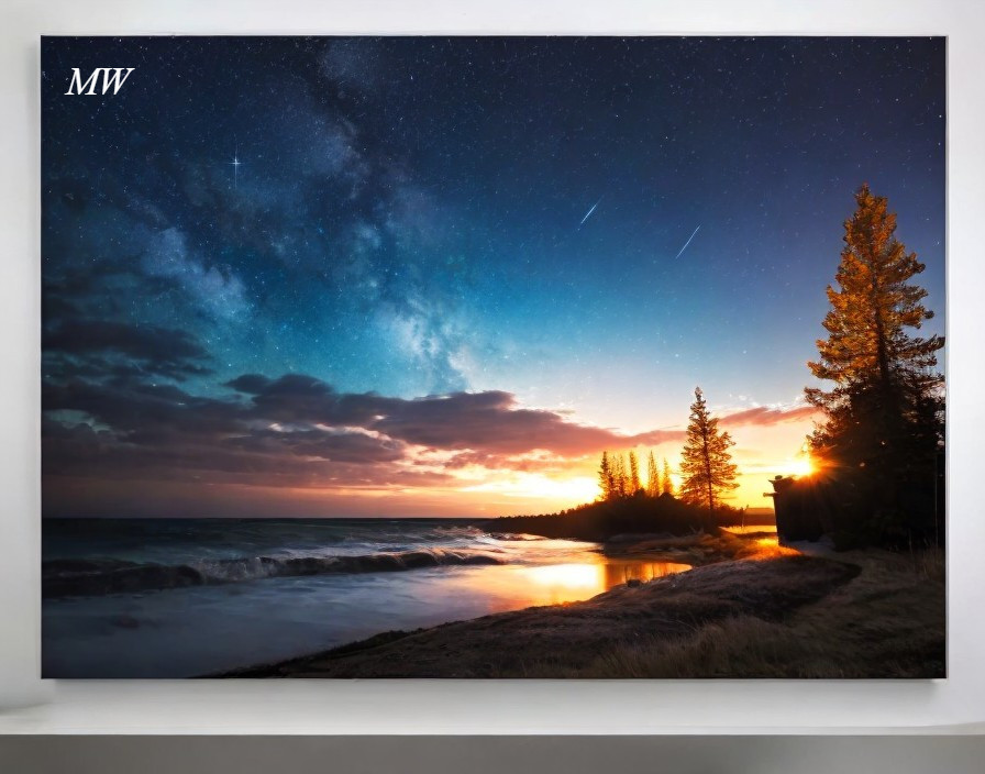 Beach sunset with starry twilight sky and silhouetted trees