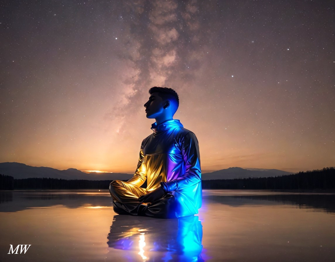 Person in reflective clothing meditates by lake under starry galaxy.