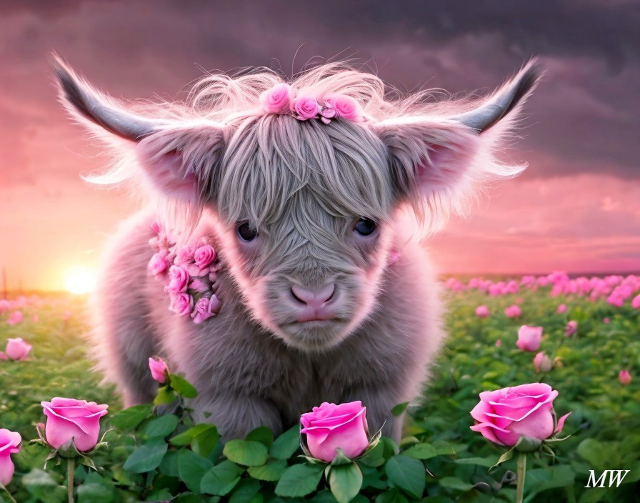 Fluffy Calf Surrounded by Pink Roses at Sunset
