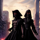 Individuals in Dark Cloaks Amidst Explosions