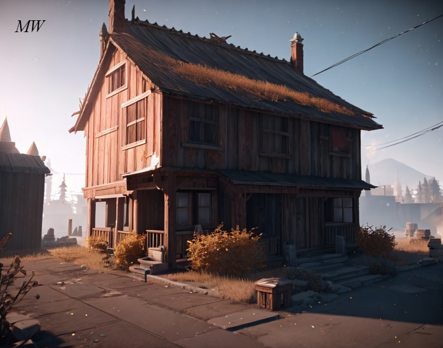 Rustic Two-Story Wooden House in Sunlit Landscape