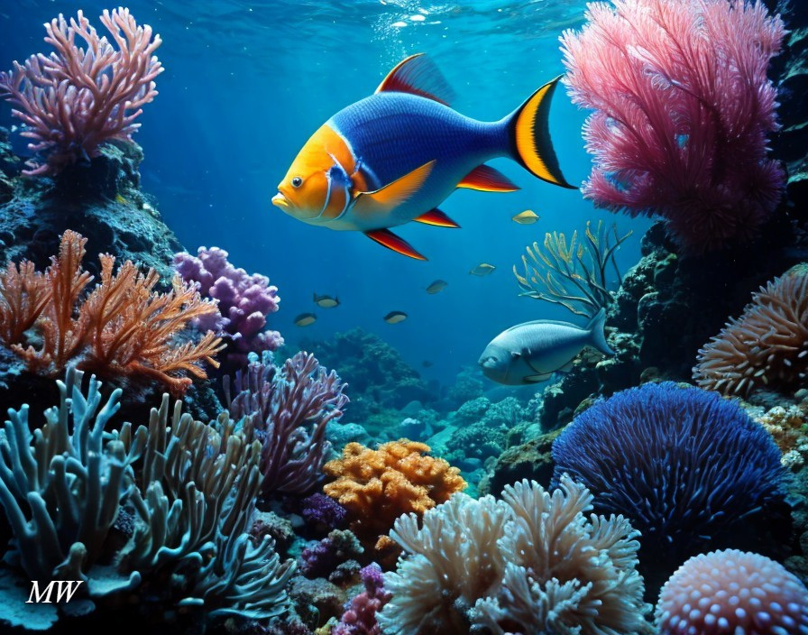 Vibrant Underwater Scene with Colorful Fish and Coral