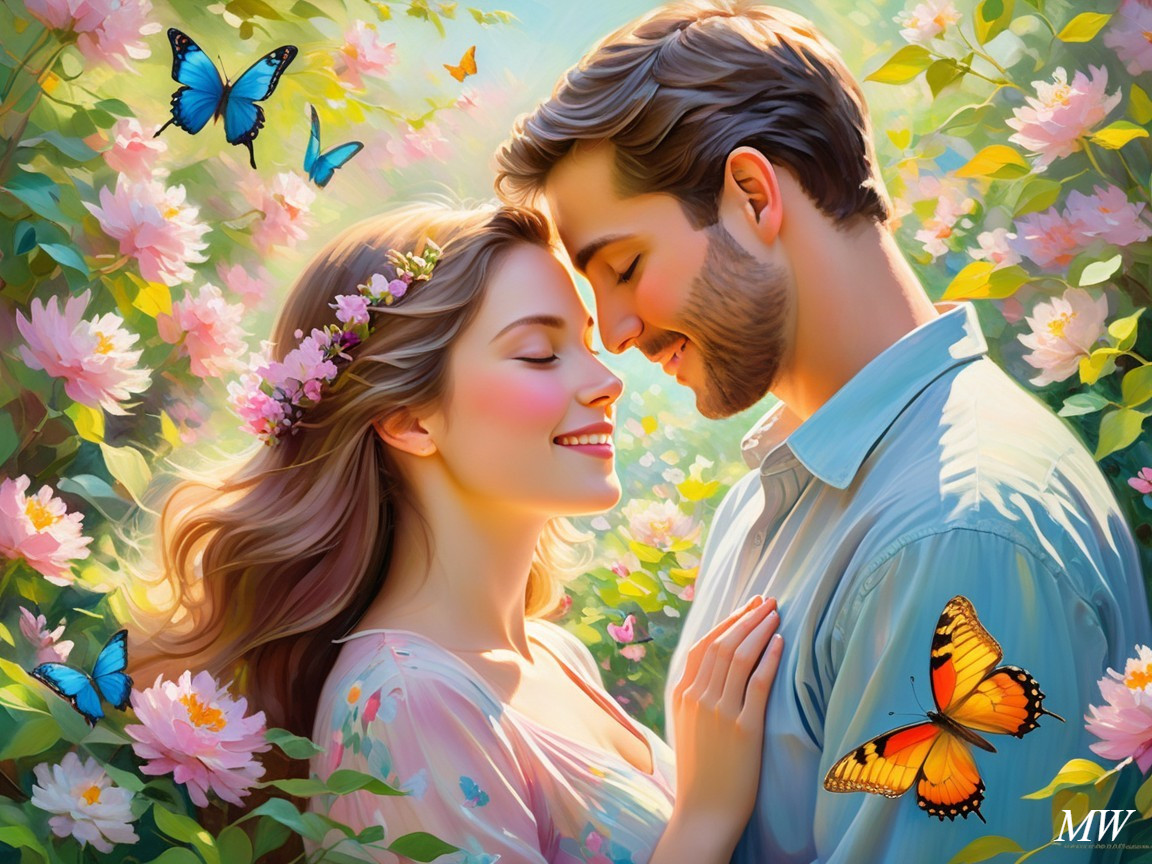 Romantic Garden Scene with Couple and Butterflies