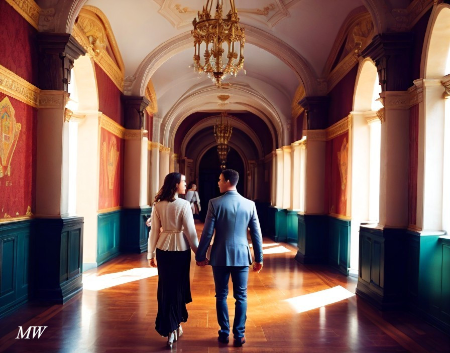 Sophisticated couple strolling in luxurious red corridor