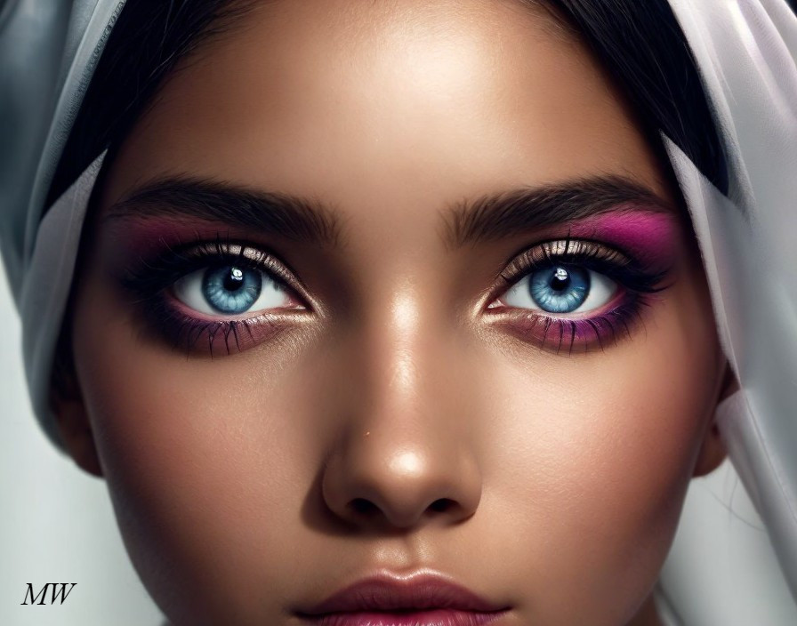 Close-up of a person with blue eyes and pink eyeshadow
