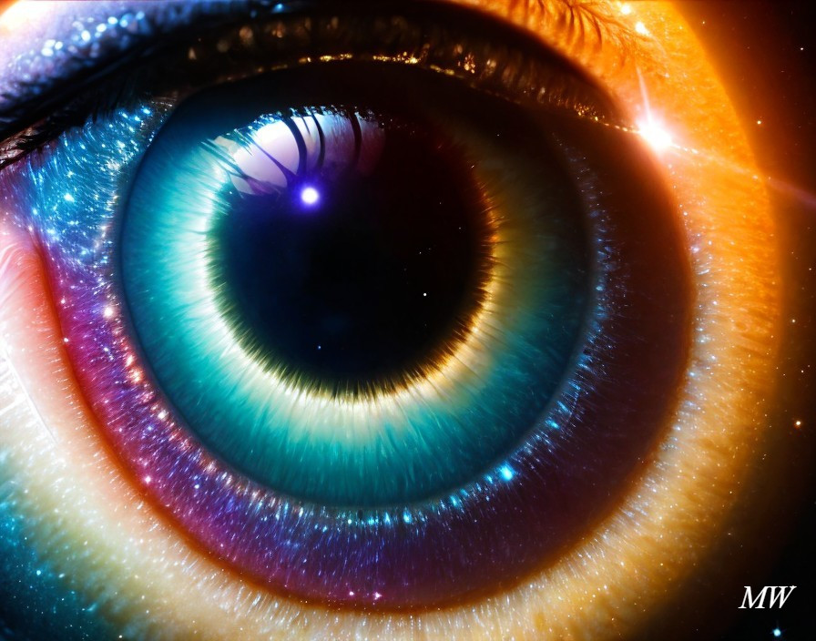 Close-up of vibrant blue and yellow human eye with intricate textures.