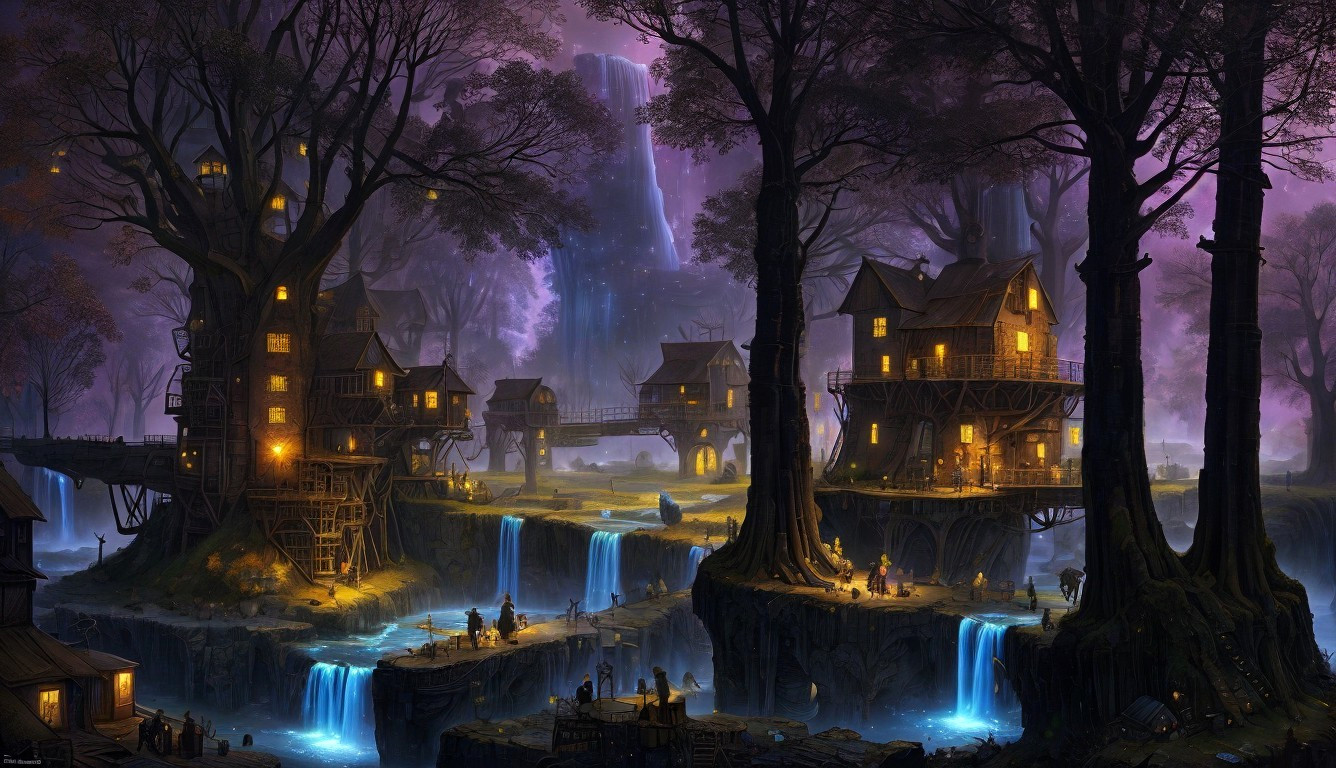 Mystical Twilight Village with Wooden Houses and Waterfalls