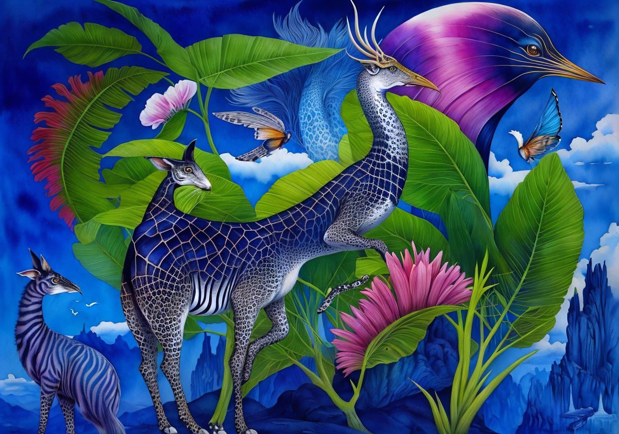 Colorful Fantasy Artwork: Zebra-Patterned Giraffe Creatures, Exotic Birds, Butter
