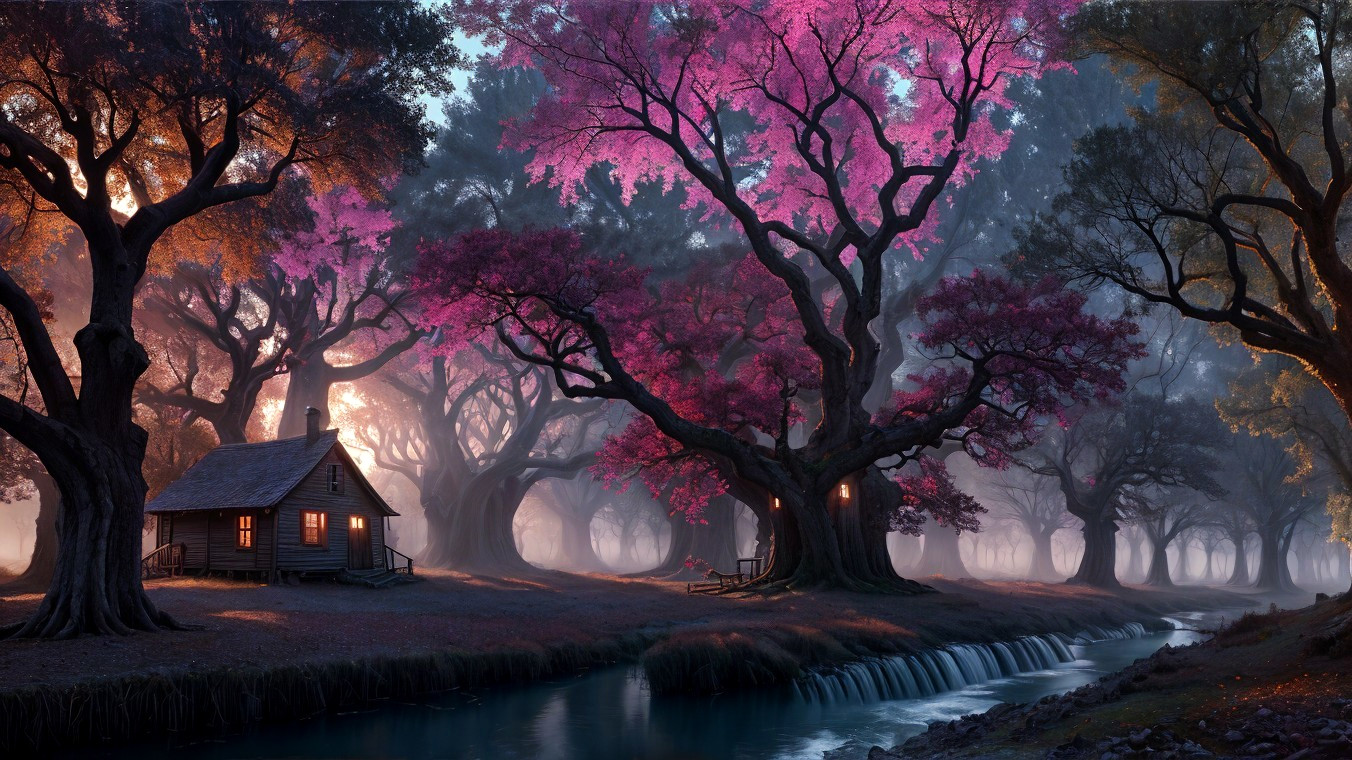 Twilight Scene with Cabin and Blossoming Trees