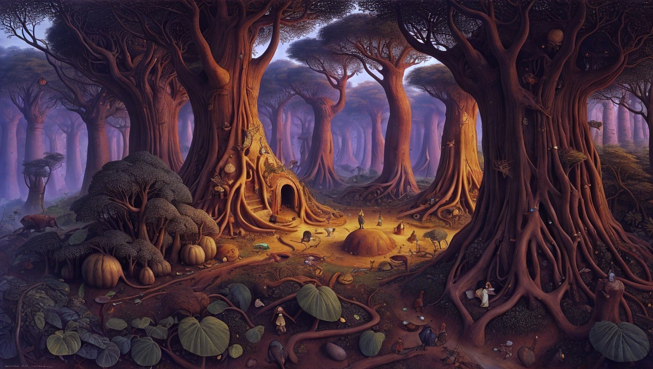 Whimsical Forest Scene with Gnarled Trees and Creatures