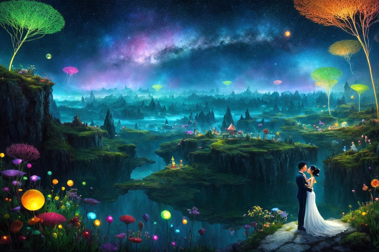 Fantasy Night Landscape with Couple and Vibrant Plants