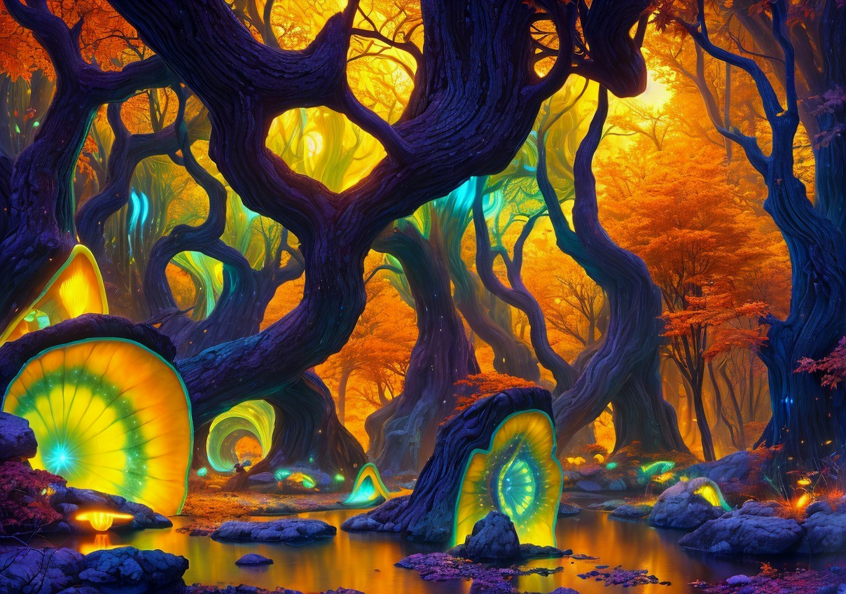 Illuminated Forest with Vibrant Trees and Glowing Mushrooms