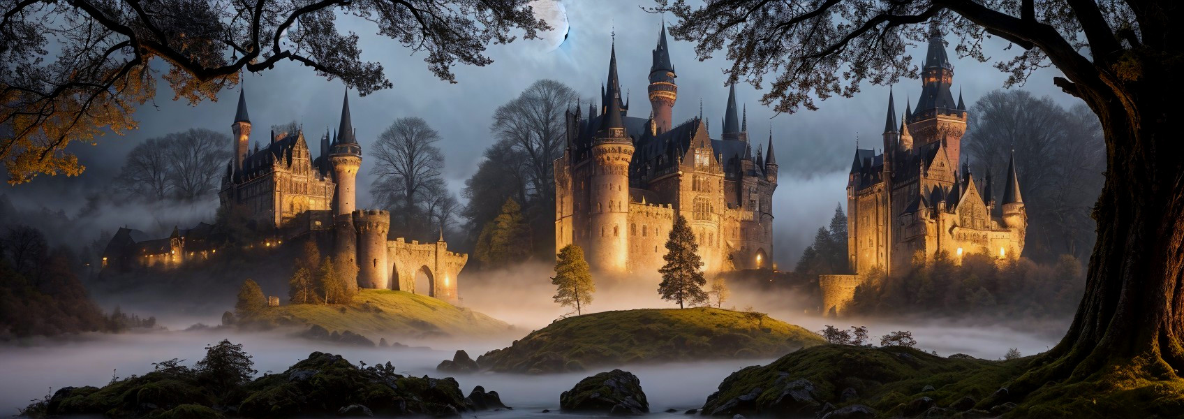 Medieval Castle in Misty Twilight Landscape