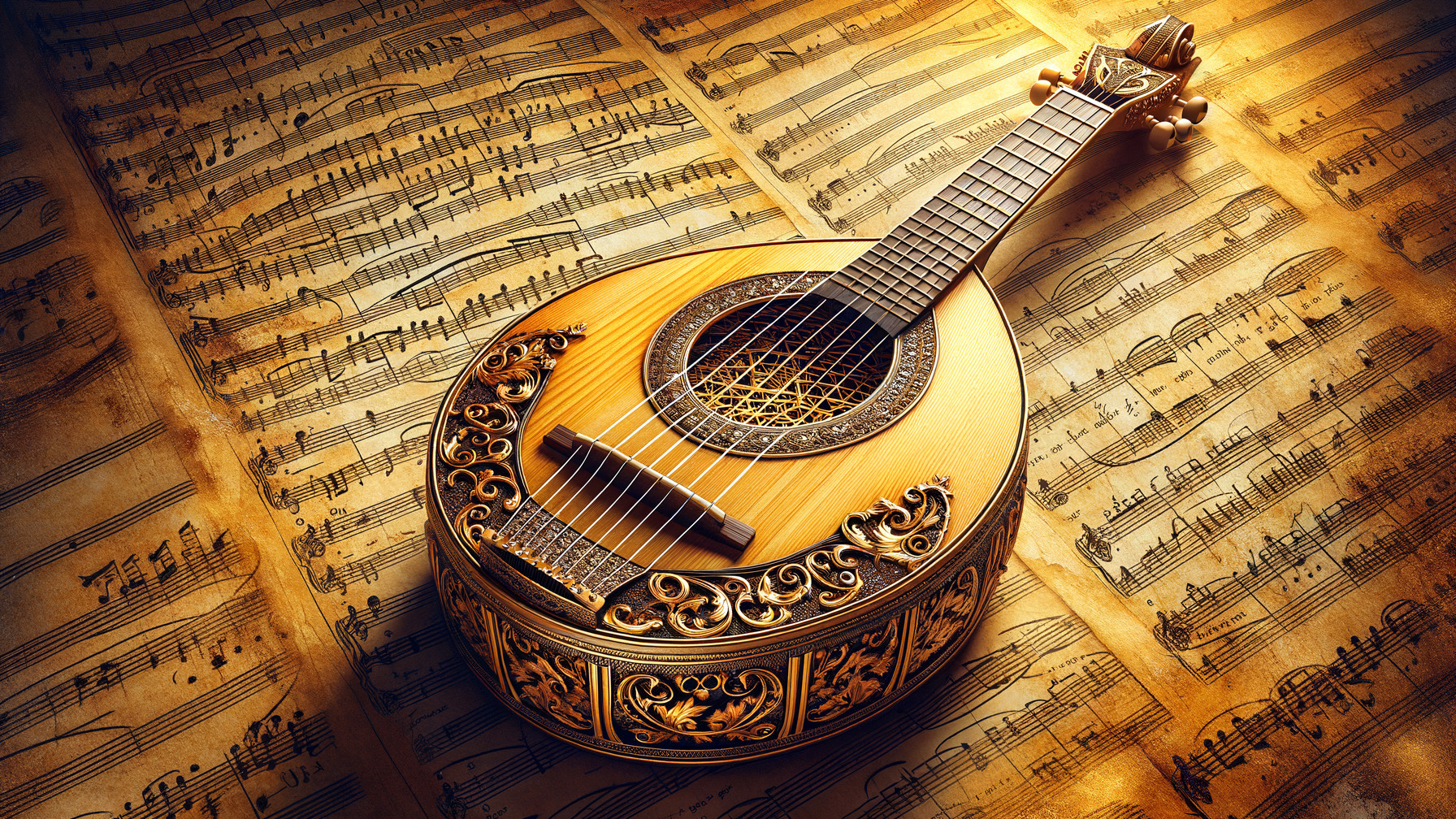 Intricately Designed Mandolin on Aged Sheet Music