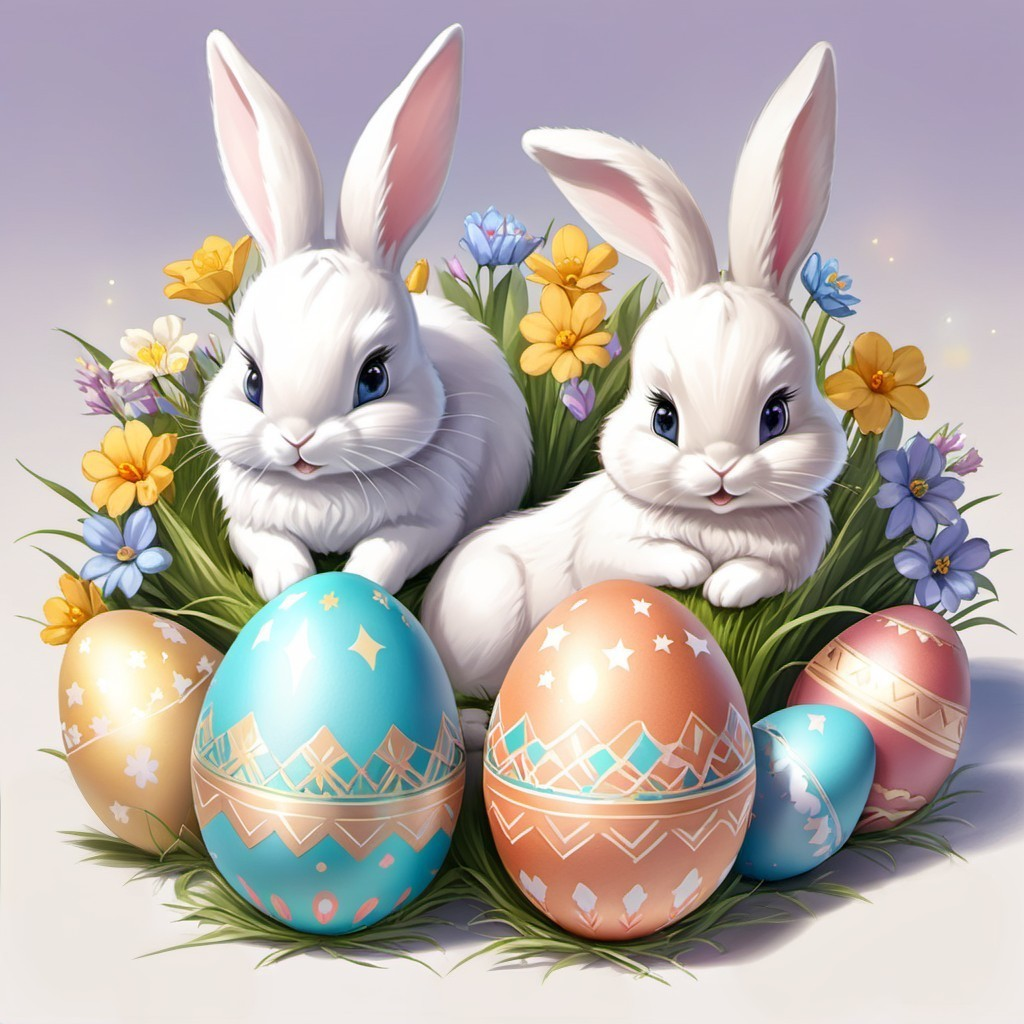 White Bunnies Surrounded by Colorful Easter Eggs