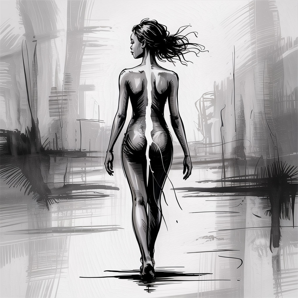 Stylized Black and White Illustration of a Woman Walking