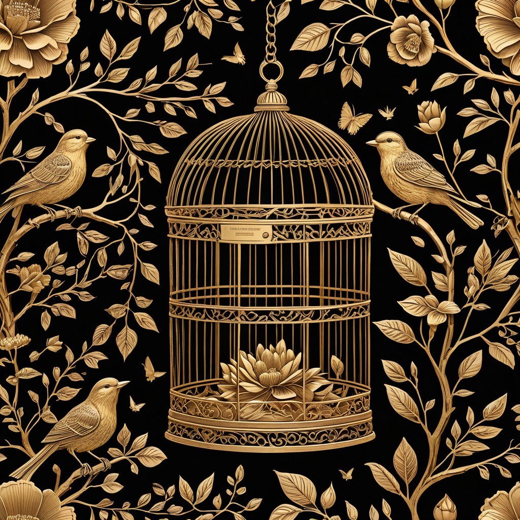 Ornate golden birdcage with floral and leafy designs