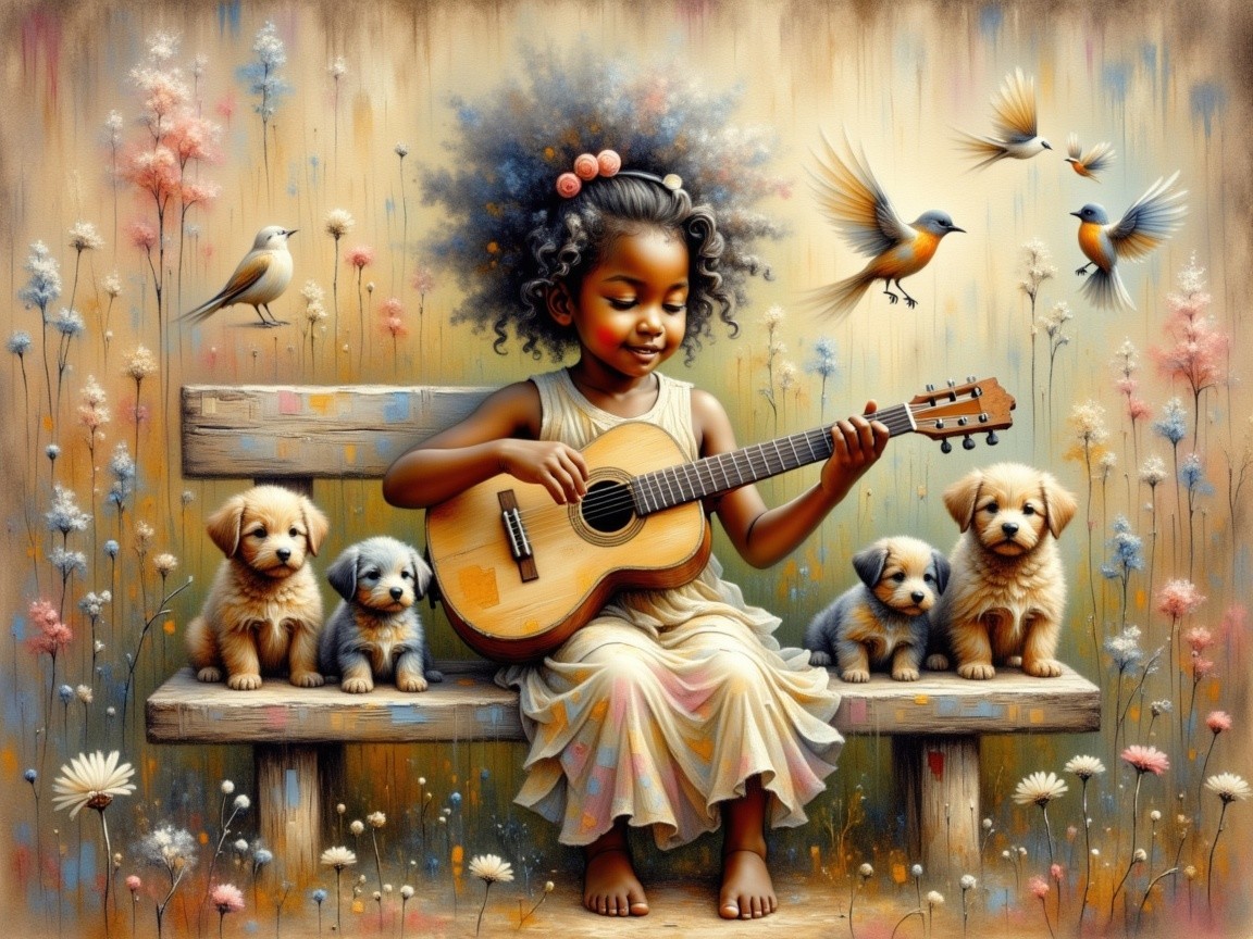Young girl with guitar surrounded by puppies and birds