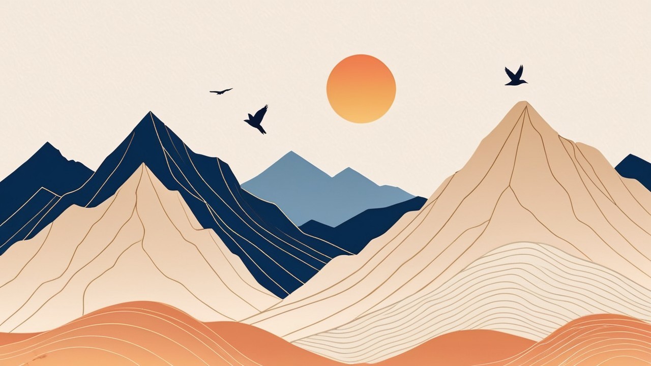 Stylized Landscape with Mountains and Sunset Glow