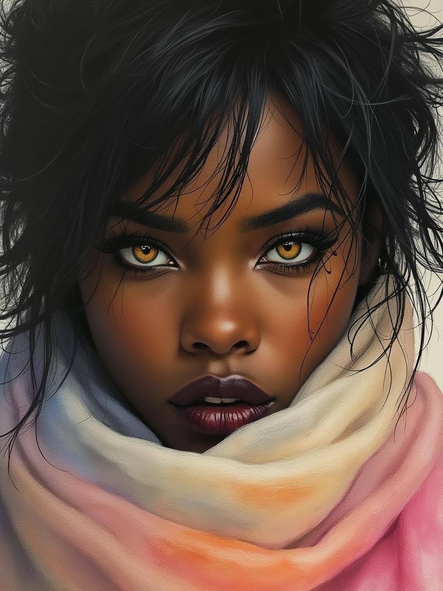 Portrait of a Young Woman with Amber Eyes and Scarf