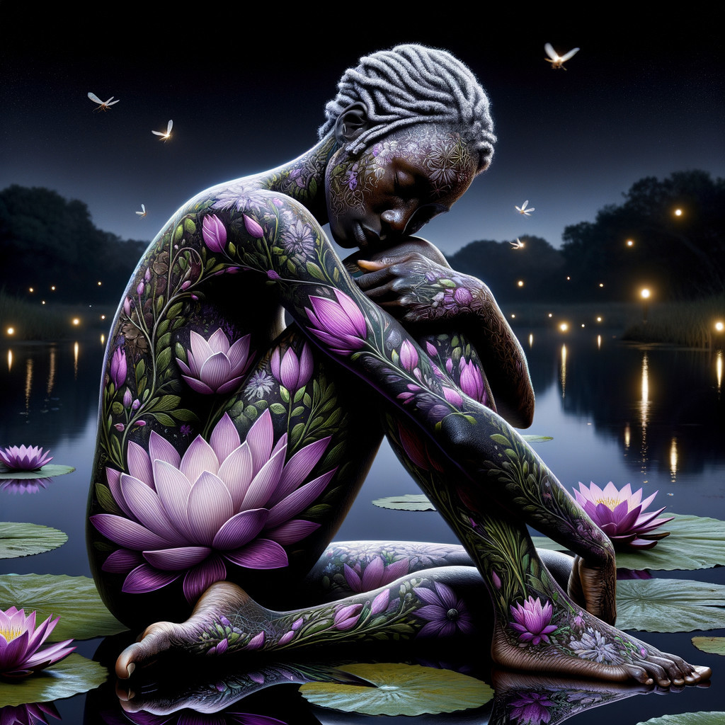 Serene Figure by Tranquil Lake with Floral Tattoos