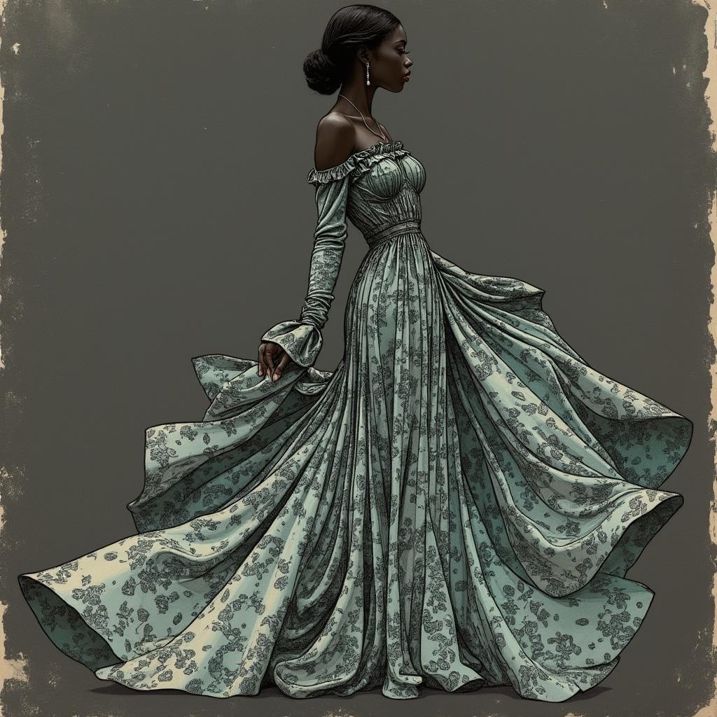 Elegant Flowing Dress with Floral Patterns and Textures