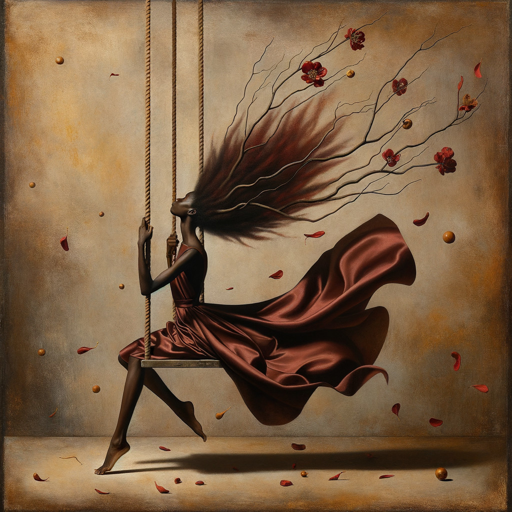 Graceful Figure on Rope Swing Amidst Blossoms
