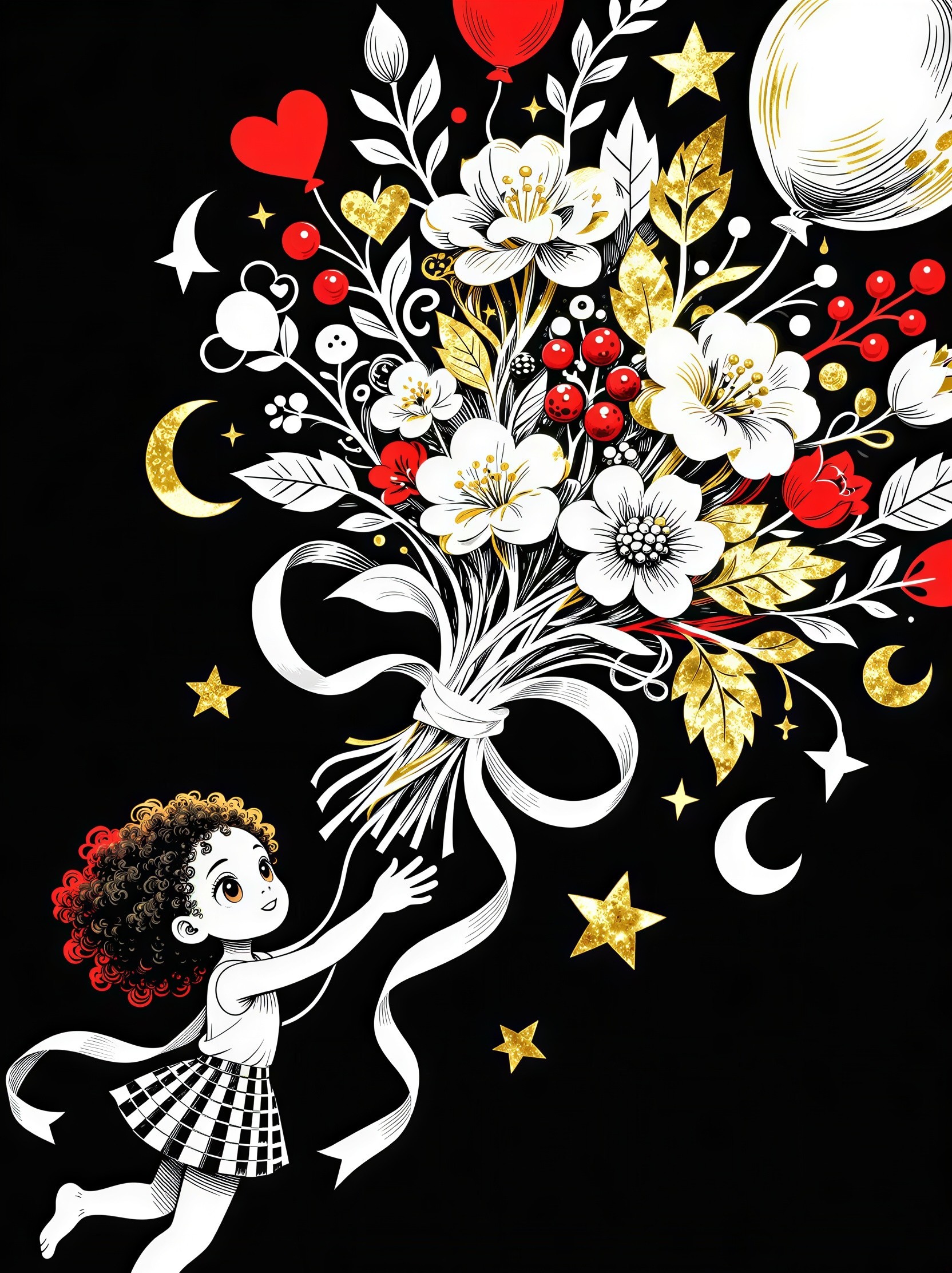 Stylized Illustration of a Girl with Floating Bouquet