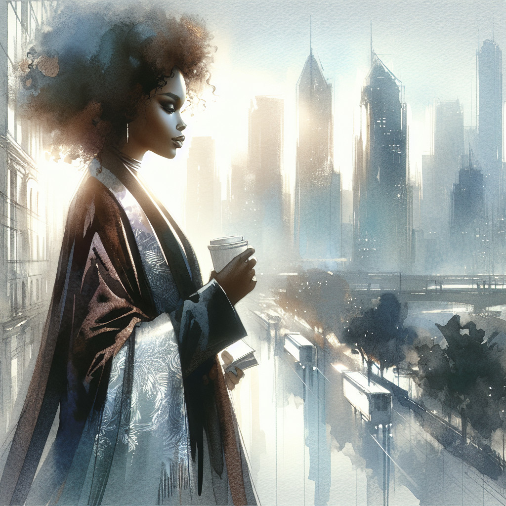 Stylish Woman with Afro Contemplates City Skyline