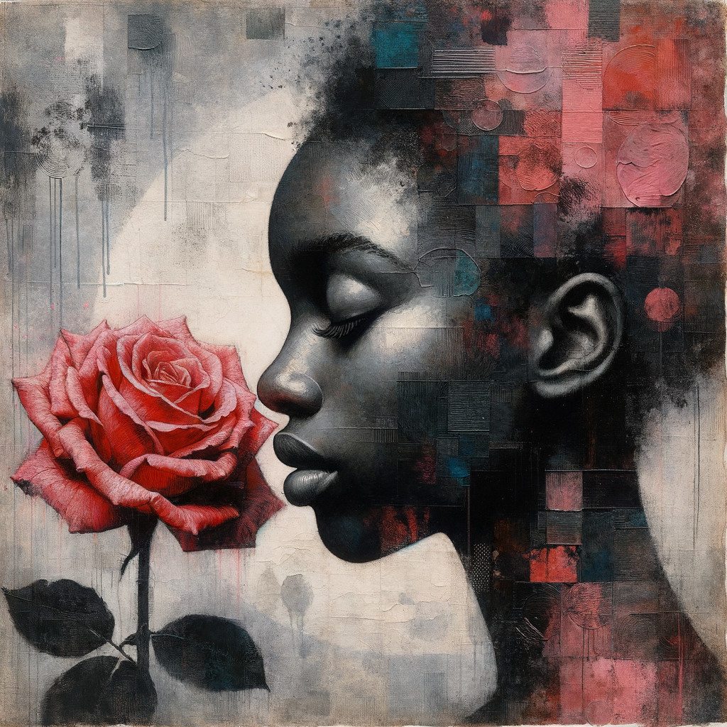 Profile of a Young Girl with a Red Rose Background