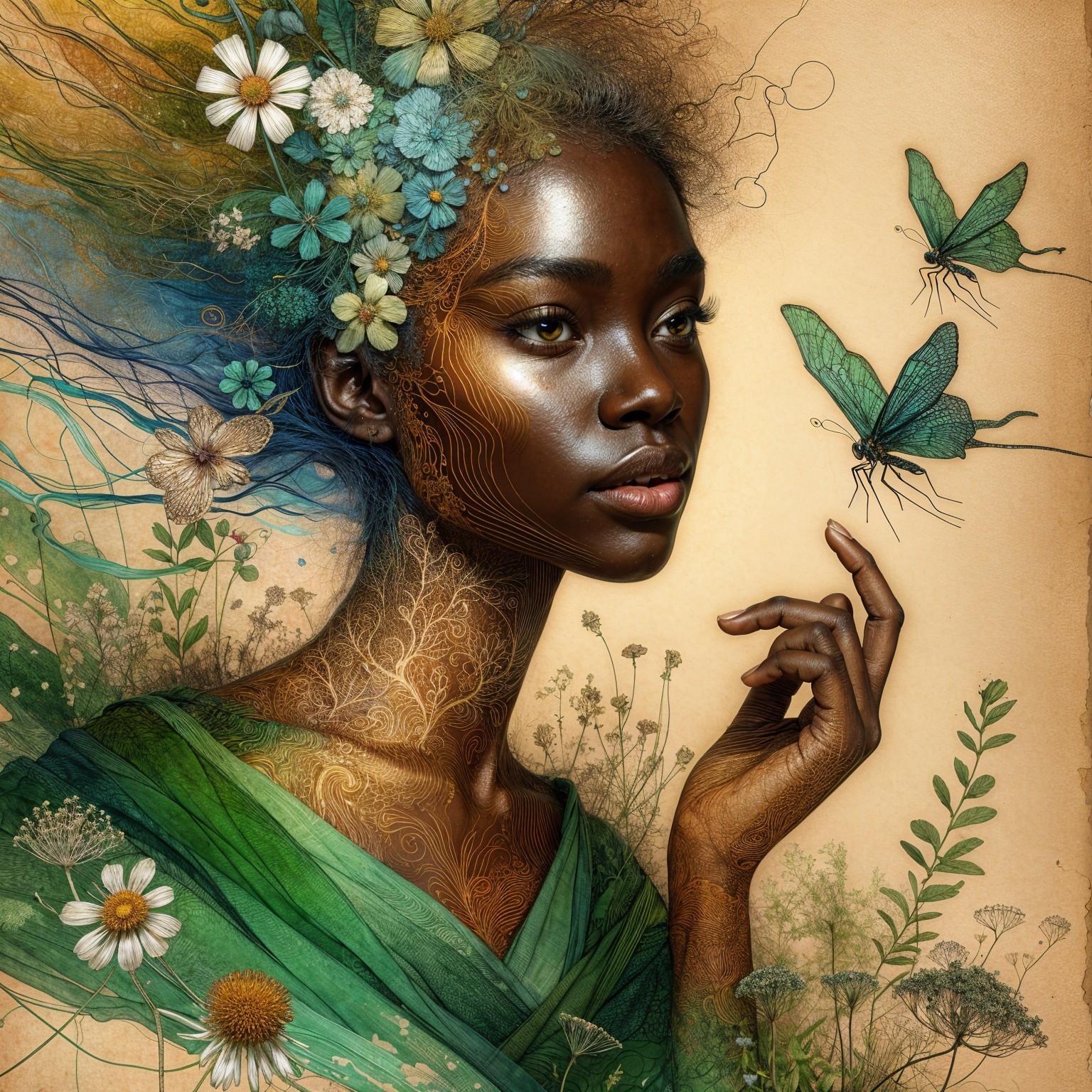 Serene Woman Surrounded by Floral Patterns and Nature