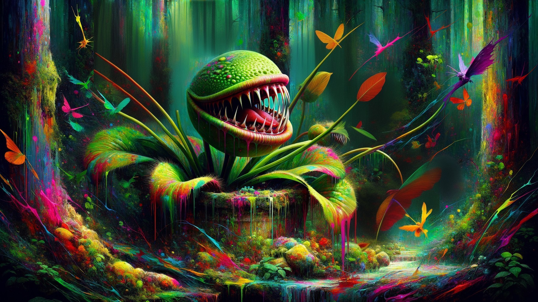 Surreal Plant in Enchanted Forest with Butterflies