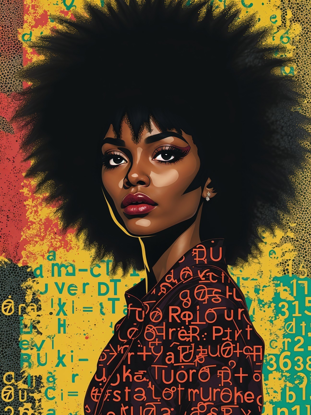 Portrait of a woman with an afro and colorful background