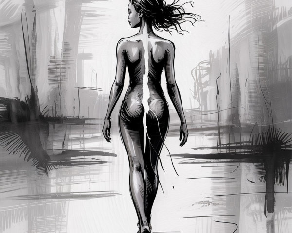 Stylized Black and White Illustration of a Woman Walking
