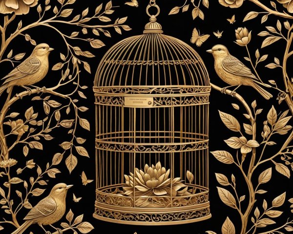 Ornate golden birdcage with floral and leafy designs
